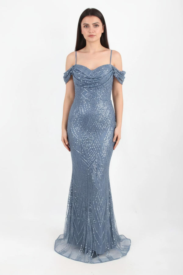 Off - Shoulder Pailletten - En Kralenavondjurk — Blauw
