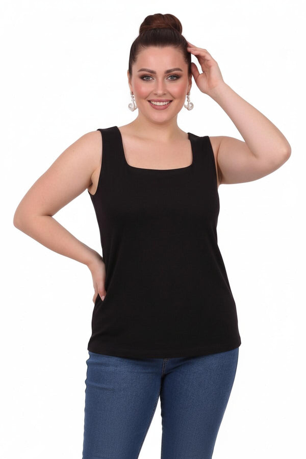 Plus - Size Vierkante Hals Lichte Gevoerde Mouwloze Blouse — Zwart