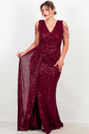 Plus - Size Bordeaux Pailletten Maxi - Jurk Met Schouderketting