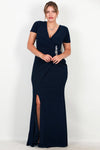 Marineblaues Glitzer - Abendkleid Mit Verzierter Taille, Kurzarm – Große Größen