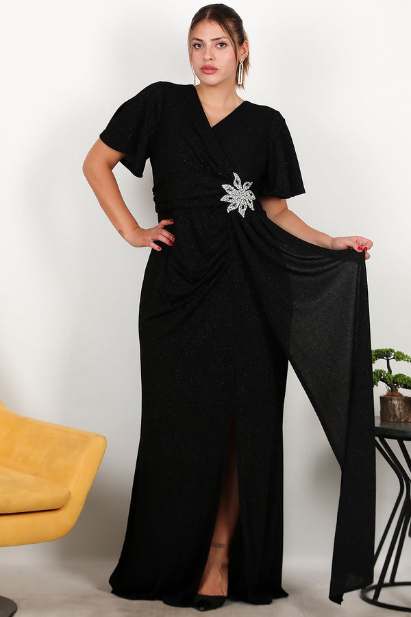 Plus - Size Long Evening Dress With Stone - Embellished Floral Waist — Black