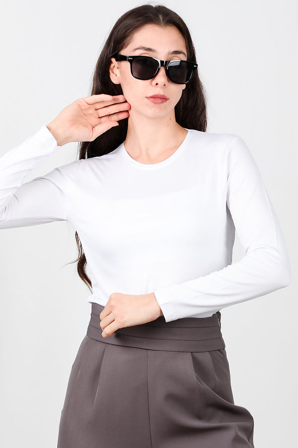 Top En Jersey Col Rond, Manches Longues – Blanc