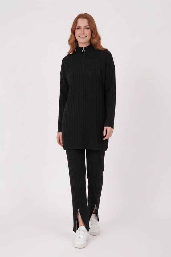 Ensemble Tricot Côtelé Deux Pièces Avec Demi - Fermeture Éclair - Noir