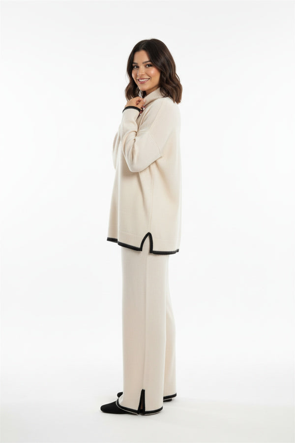 Contrast - Trim Knit Two - Piece Set — Cream