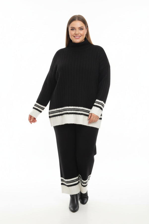 Gebreide Tweedelige Set Met Contrasterende Biezen Bij Taille En Pijp — Zwart