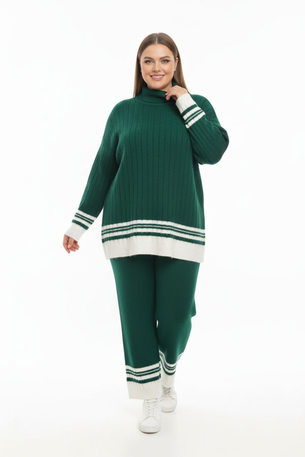Gebreid Tweedelig Set Met Contrastbies — Groen