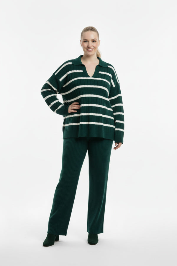 Collared Striped Knit Set — Emerald