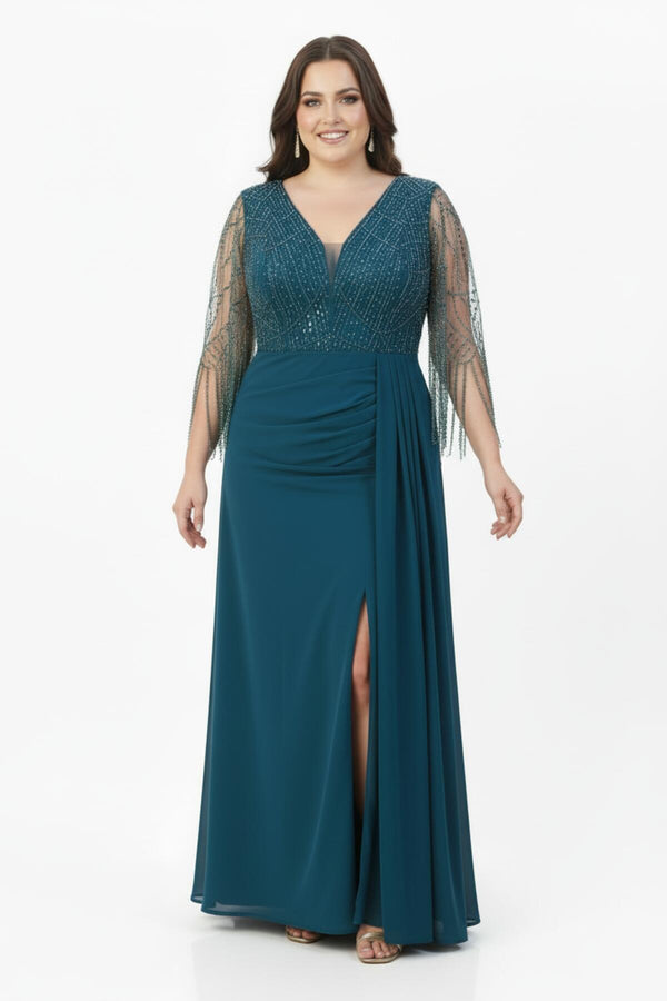 Robe De Soirée En Chiffon Indigo Grande Taille, Ornée De Paillettes Et De Perles