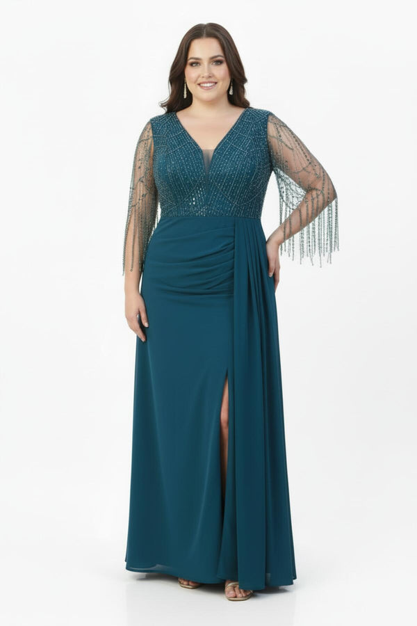 Robe De Soirée En Chiffon Indigo Grande Taille, Ornée De Paillettes Et De Perles