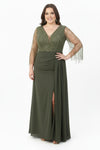 Khaki Chiffon Galajurk In Grote Maat Met Pailletten En Kraaltjes