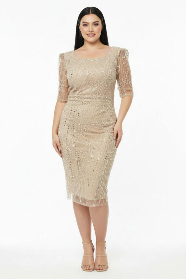 Plus‑Size Square‑Neck Sequin & Bead Evening Dress — Beige