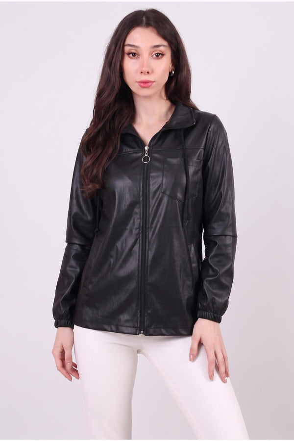 Veste Ajustée En Simili Cuir À Capuche — Noir
