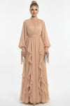 Bouclé - Abendkleid Mit Langen Ärmeln – Beige