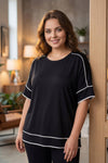 Jerseytop In Grote Maten Met Streepdetail — Zwart