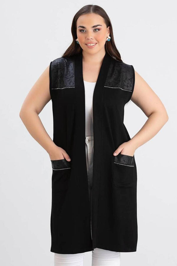Gilet Long Grande Taille Avec Détails De Poche — Noir