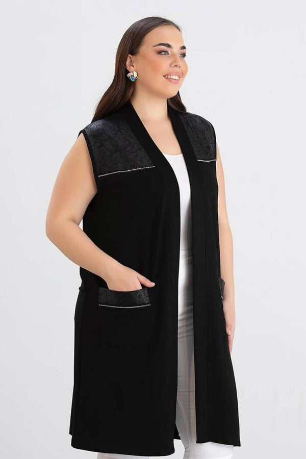 Gilet Long Grande Taille Avec Détails De Poche — Noir
