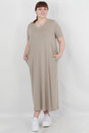 Plus - Size Losvallende Jurk Met Ronde Hals En Lange Mouwen — Stone