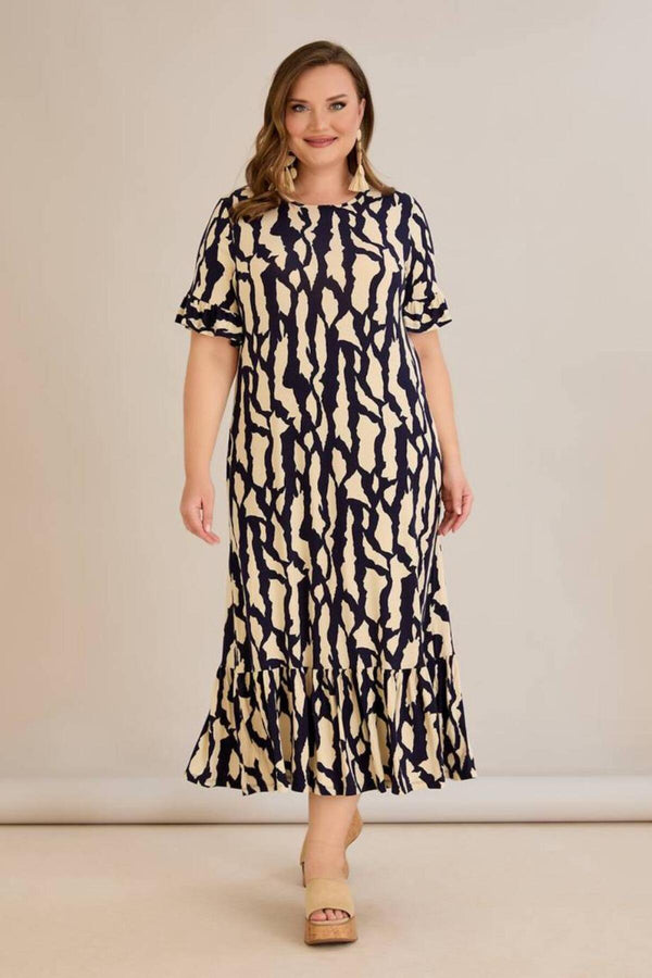 Plus - Size - Printkleid Mit Rüschen Am Saum – Mehrfarbig