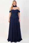 Crepe Avondjurk Met Tule Rok En Sjaaldetail — Marineblauw