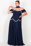 Plus‑Size Crêpe Avondjurk In Marineblauw Met Tule Rok En Sjaal — Kristalversierd