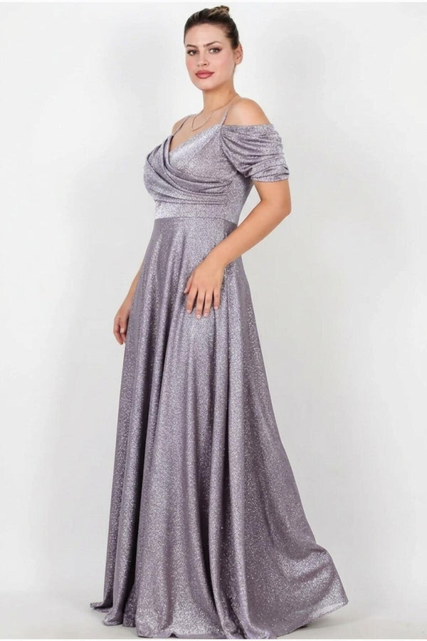 Schulterfreies Glitzer - Maxikleid – Lila (Große Größen)