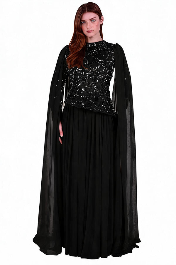 Chiffon Maxi - Jurk Met Lange Mouwen — Zwart