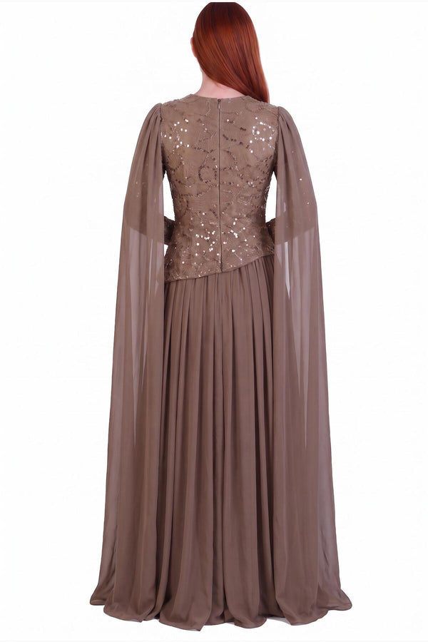 Taupe Chiffon Maxi - Jurk Met Lange Mouwen