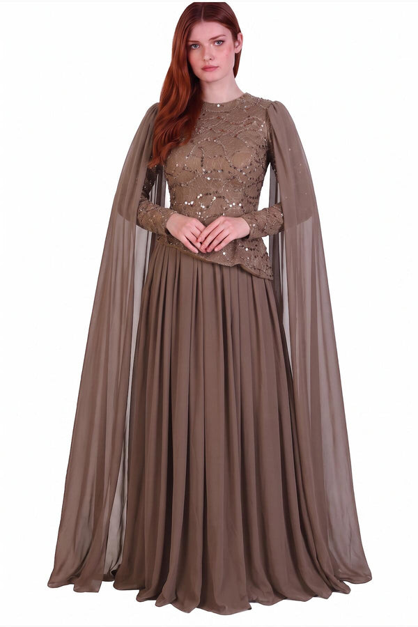 Taupe Chiffon Maxi - Jurk Met Lange Mouwen