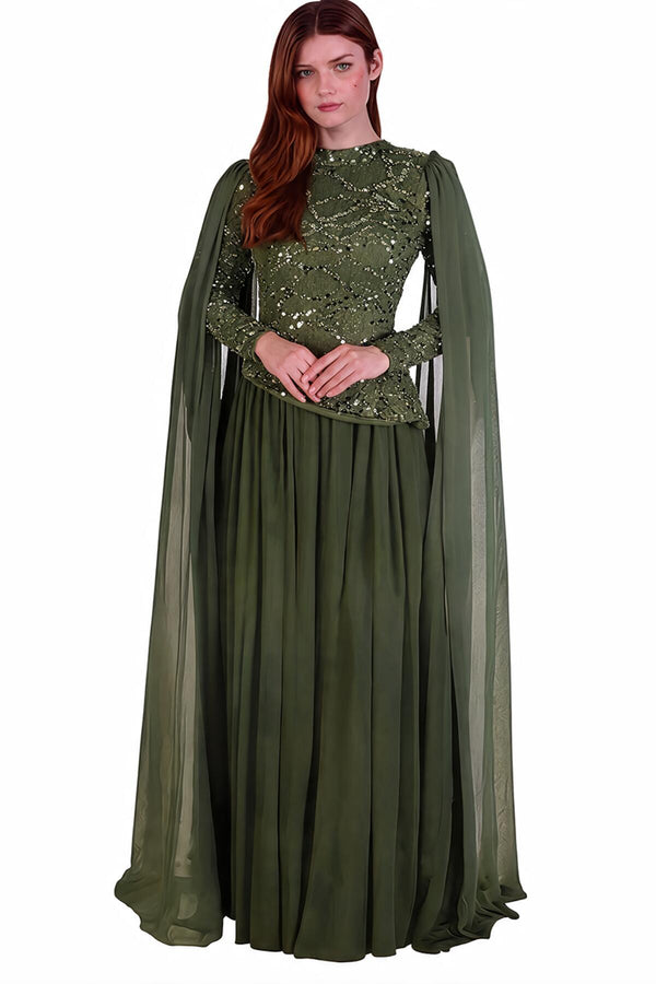 Chiffon Maxi - Jurk Met Lange Mouwen — Khaki