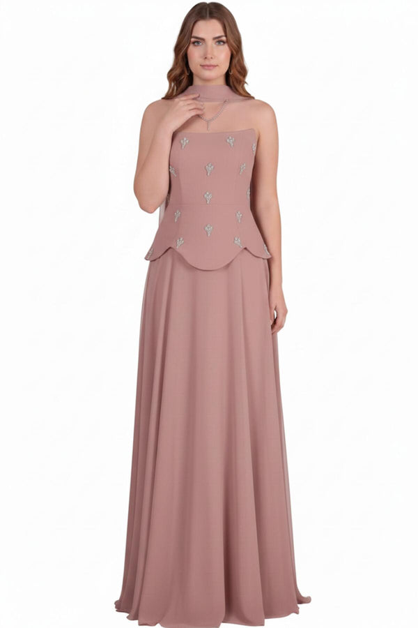 Dusty Rose Crêpe Avondjurk Met Tule Rok En Sjaaldetail