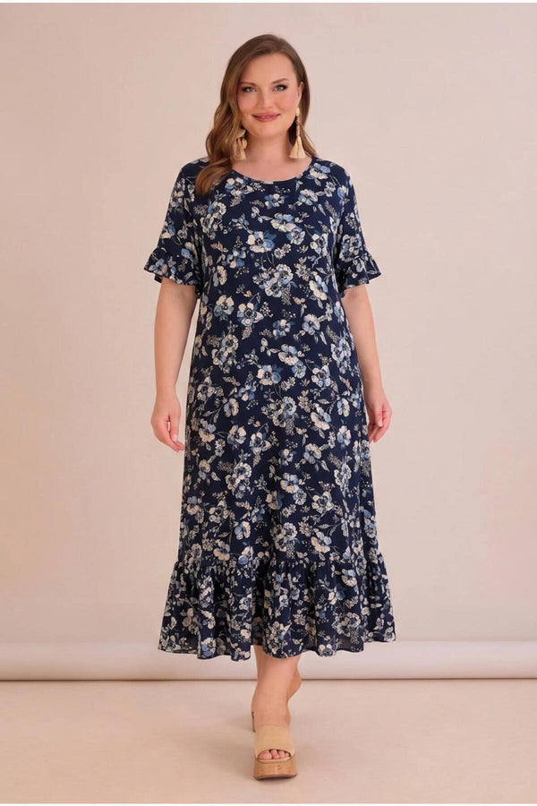 Gemustertes Kleid In Großen Größen Mit Volant - Saum – Mehrfarbig