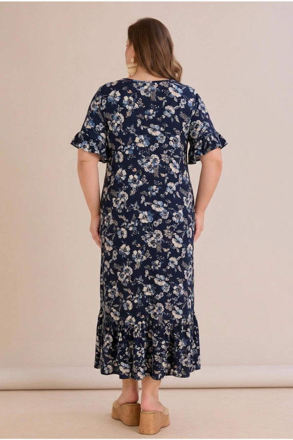 Gemustertes Kleid In Großen Größen Mit Volant - Saum – Mehrfarbig