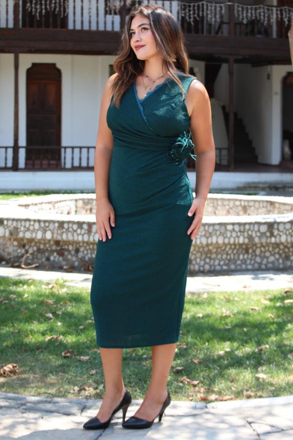 Mouwloze Plus - Size Avondjurk Met Bloemapplicatie — Smaragdgroen