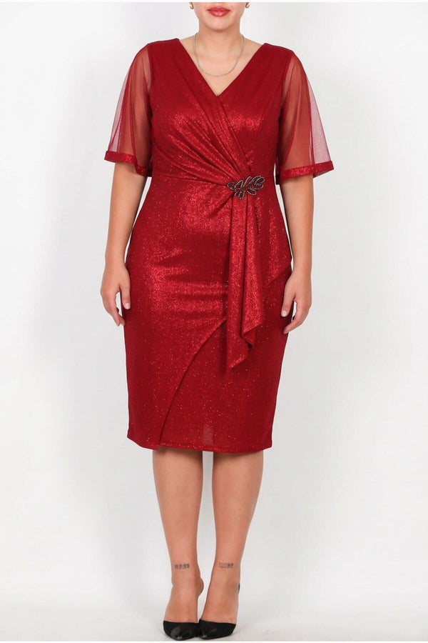 Midi - Avondjurk In Grote Maat Met Tulemouwen En Taille - Detail — Rood