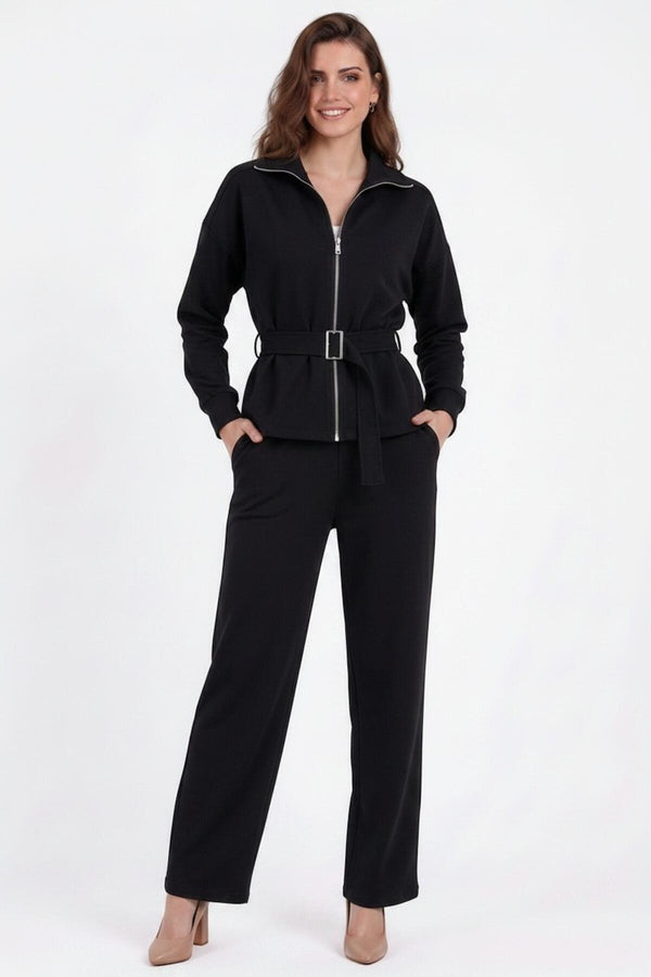 Belted Zip‑Front Tracksuit — Black