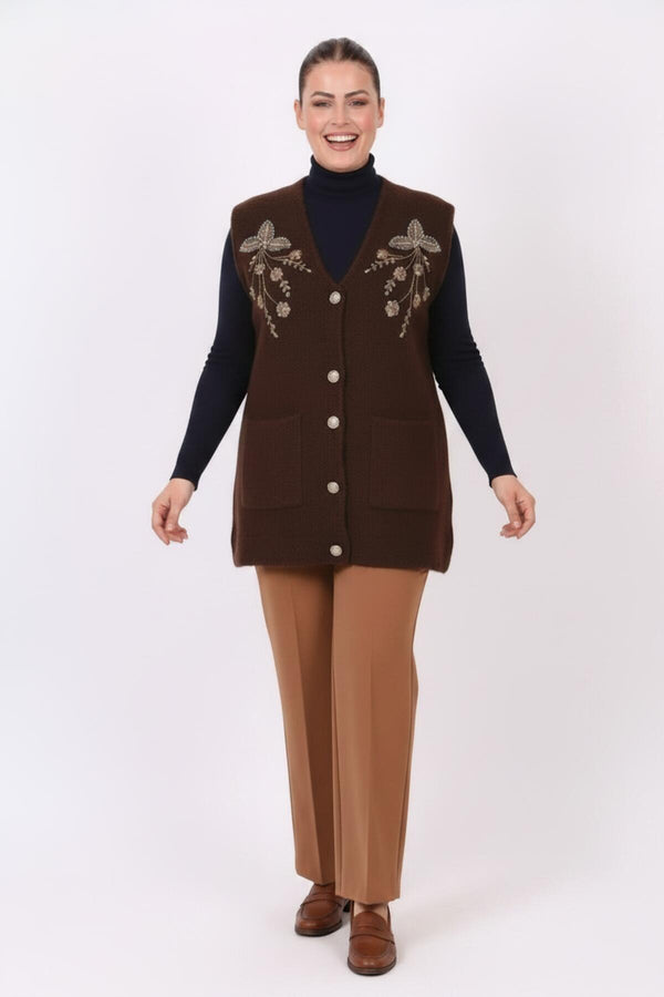 Gilet En Maille Orné De Perles Florales Avec Lien Devant — Marron, Grande Taille