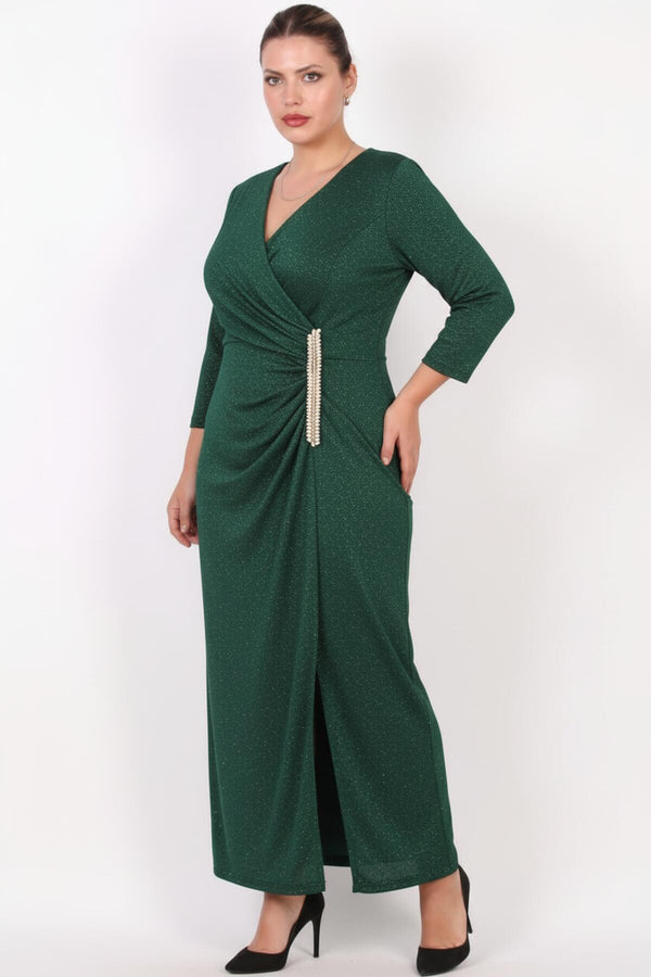 Plus - Size Long Evening Dress With Waist Embellishment — Green