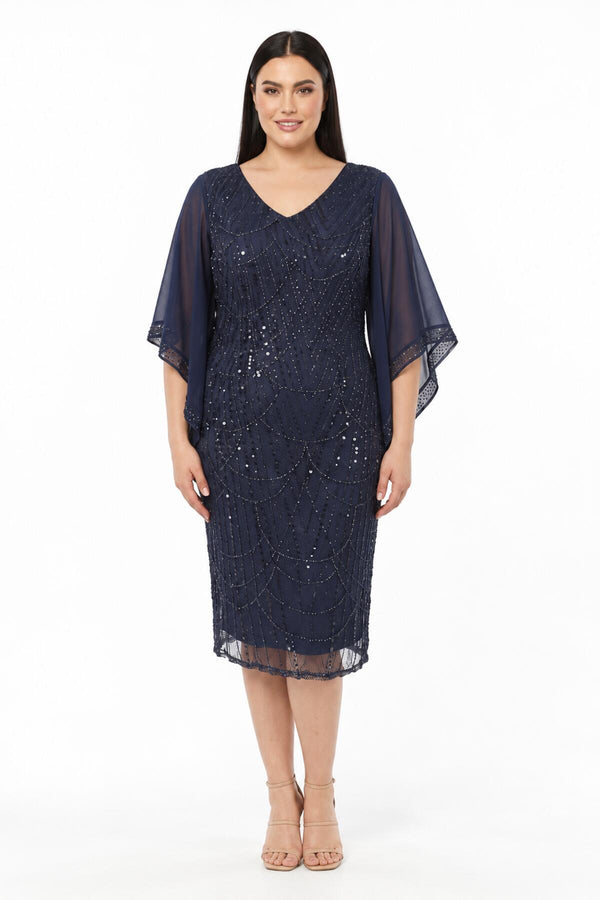 Robe Midi De Soirée Grande Taille, Détails En Chiffon — Bleu Marine