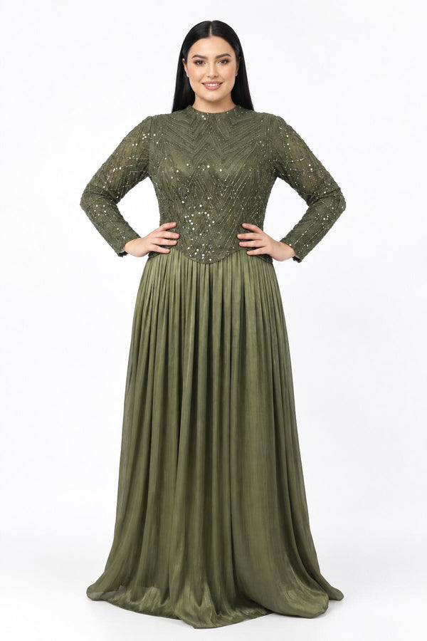 Robe De Soirée Grande Taille Ornée De Sequins Et Perles, Manches Longues — Kaki