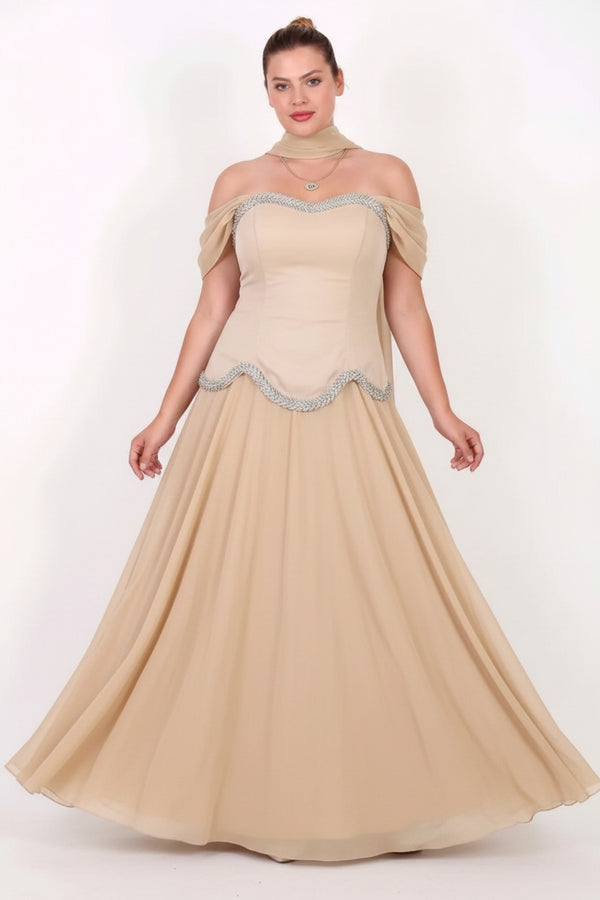 Plus - Size Crystal - Embellished Crepe Evening Dress With Tulle Skirt — Beige