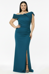 Langes Abendkleid In Großen Größen Mit Plissee‑Ausschnitt Und Schlitz – Blau