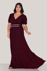 Große Größen Kurzarm Abendkleid Mit Gürtel – Bordeaux