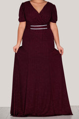 Große Größen Kurzarm Abendkleid Mit Gürtel – Bordeaux