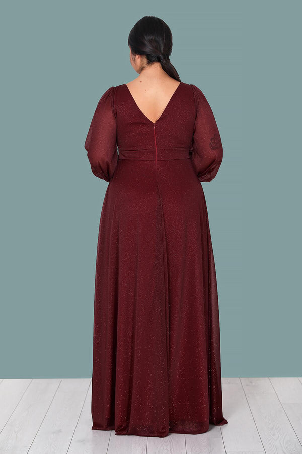 Plus - Size Lange Glitter Avondjurk – Bordeaux