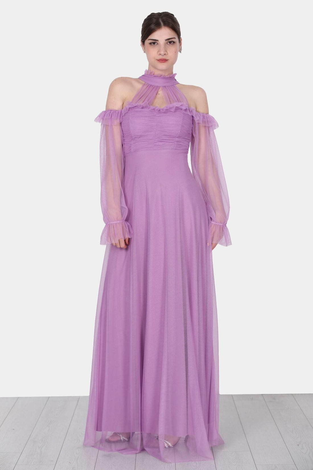 Langes Tüll - Abendkleid In Flieder