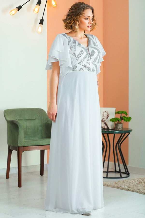 Plus - Size Paillettenbestikte Chiffonavondjurk – Ecru