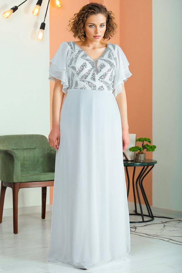 Plus - Size Paillettenbestikte Chiffonavondjurk – Ecru