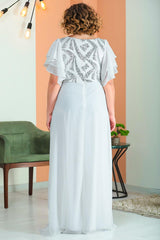 Plus - Size Paillettenbestikte Chiffonavondjurk – Ecru