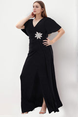 V - Ausschnitt - Maxikleid Mit Glitzer — Große Größen — Schwarz