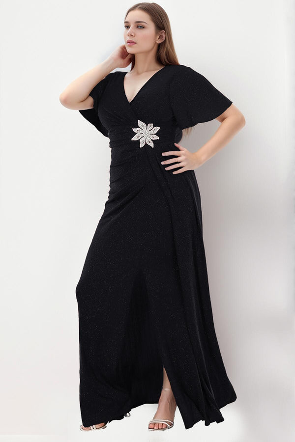 Plus - Size V - Hals Maxi - Jurk Met Glitter — Zwart